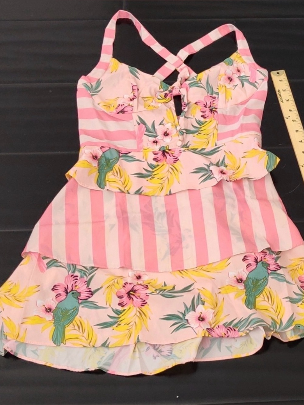 Boutique pink striped floral leaves tropical mini